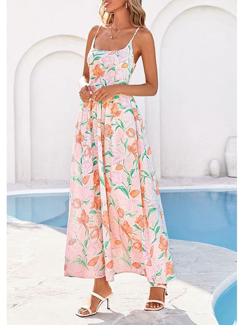 womens spring maxi dresses Pink Round Neck Sleeveless Floral Dress & Reviews - Pink - BWD2R07782 Cotton Linen Dress for Women