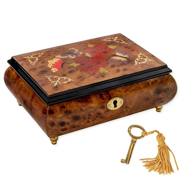 Butterfly and Floral Italian Inlaid Wood Jewelry Music Box Plays