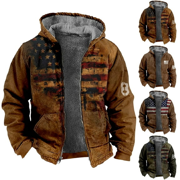 Men's Flag Print Fleece Lined Thickened Jacket with Zipper Hood - Casual Big Size Coat for Winter Fashion, Holiday Gifts, and Snow Activities, Great for Outdoor Enthusiasts,Army Green,L