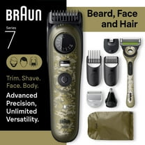 Braun All-in-One Series 7 Trimmer Kit, Lifetime Sharp Metal Blade, Up to 120 min, 40 Lengths, PrecisionWheel & Lock, Waterproof, AIO 7550, Camouflage Green