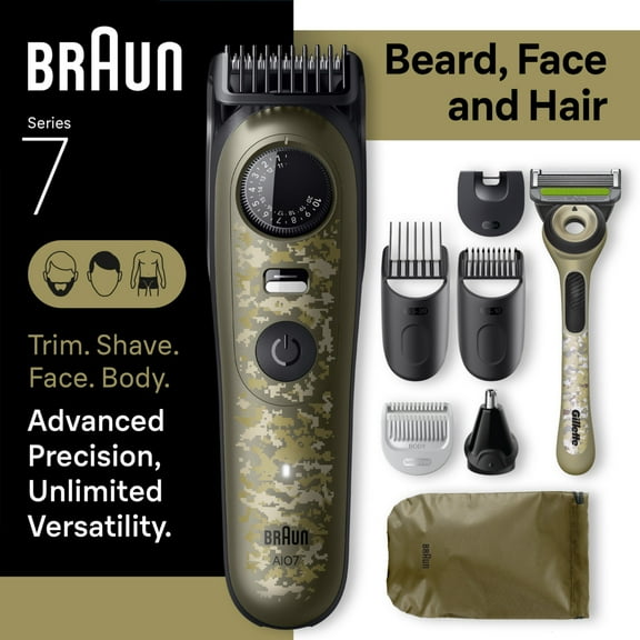 Braun All-in-One Series 7 Trimmer Kit, Lifetime Sharp Metal Blade, Up to 120 min, 40 Lengths, PrecisionWheel & Lock, Waterproof, AIO 7550, Camouflage Green