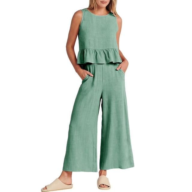 Conjunto de dos piezas para mujer: top corto sin mangas con volantes y pantalones anchos, cintura elástica, bolsillos, conjunto informal de verano