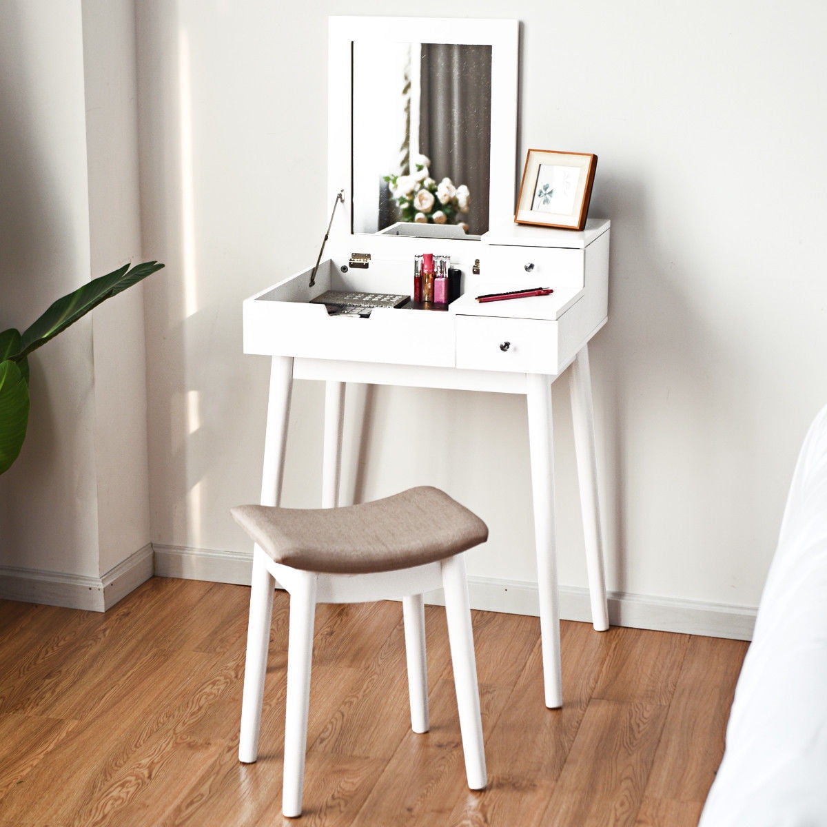 Costway Vanity Dressing Table Set Flip Mirror Desk Furniture Stool W 2 Drawer White