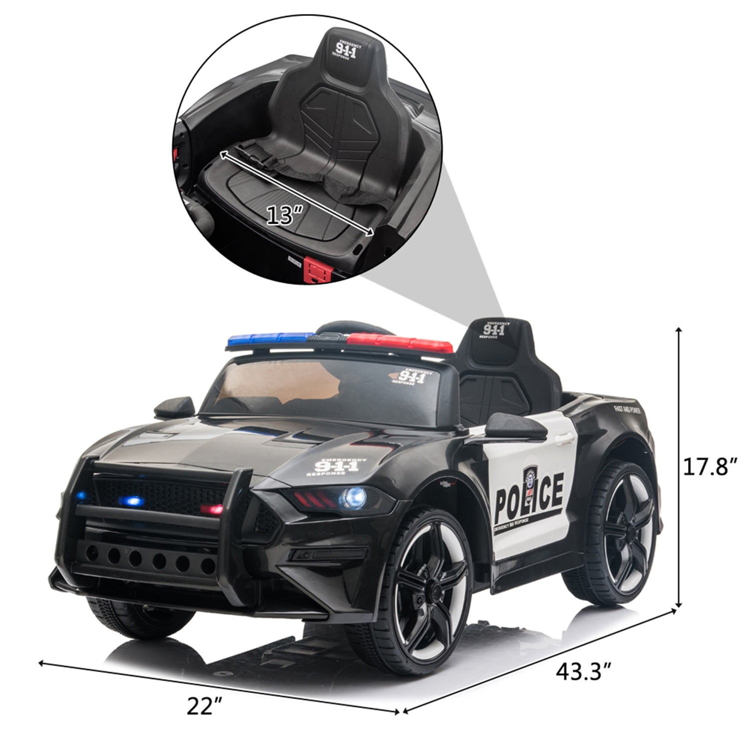 CIPACHO 12V Kids Ride On Car, Police Sports Car with 2.4GHZ Remote Control, LED Lights, Siren, Microphone, Black