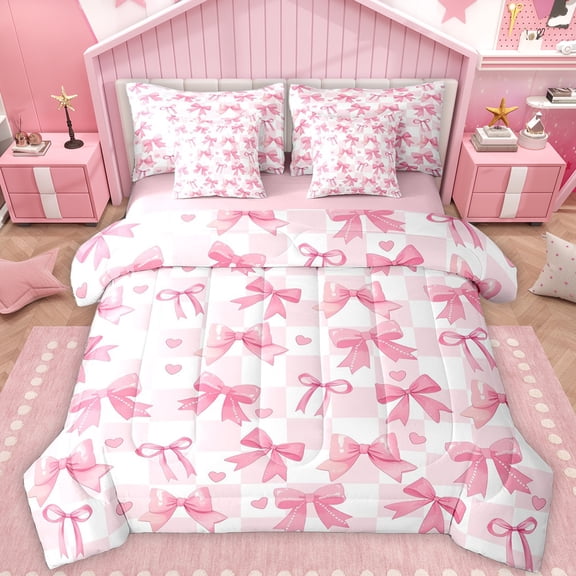 Feelyou Chic Pink Bowknot Twin Bedding Sets 7-Piece for Kids, Romantic Love Heart Bedding Comforter Set, Fashion Buffalo Plaid Reversible Sheet Sets, Ultra Soft Bedroom Decor