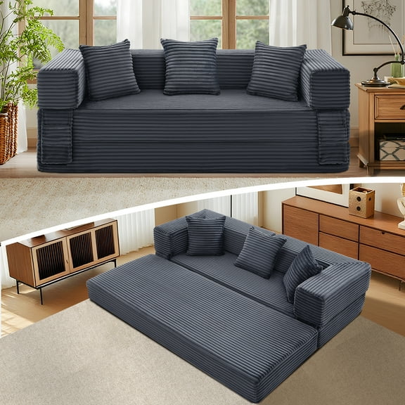 VFD Convertible Floor Sofa Bed with Storage Pocket, 3 Seats with 3 Pillows Corduroy Folding Mattress Sofa with Zipper Closure, Floor Lounge Couch for Living Room, Bedroom, Studio -Gray