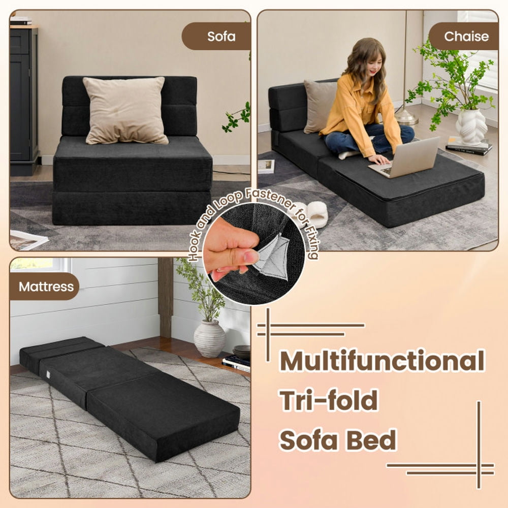 Finihen Sofa Bed, Folding Sofa Bed Couch, Tri-fold Folding Sleeper Sofa Bed, for Living Room, Bedroom, Black