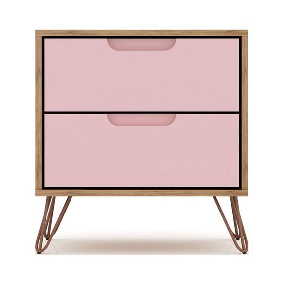 Rockefeller 2.0 Mid-Century- Modern Nightstand with 2-Drawer in Nature and Rose Pink