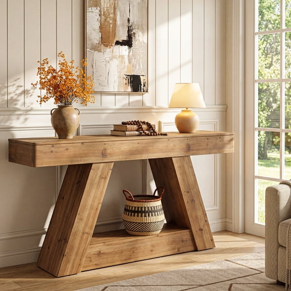 63-Inch Solid Wood Console Table with 2-Tier Storage Shelf, Farmhouse Narrow Sofa Table for Entryway, Hallway, and Living Room Accent Furniture