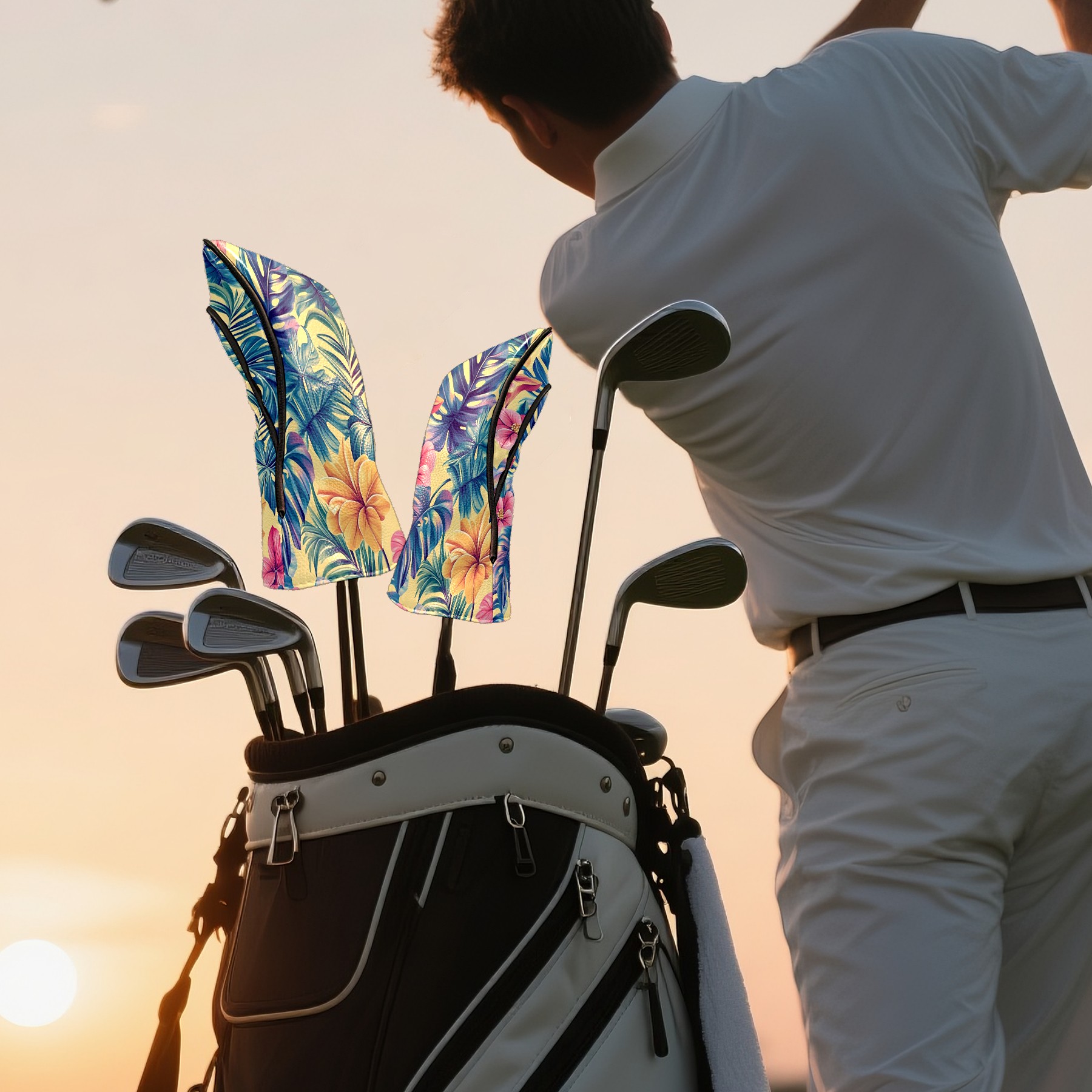 Golf Club Covers PU Leather Waterproof Head Covers for Fairway Woods Hybrids Tropical Leaves