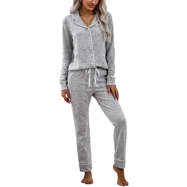 Mujeres pijamas set V Masajeadores de cuello turn Abrigos plumas collar color puro cordón único breasted pijamas gris M
