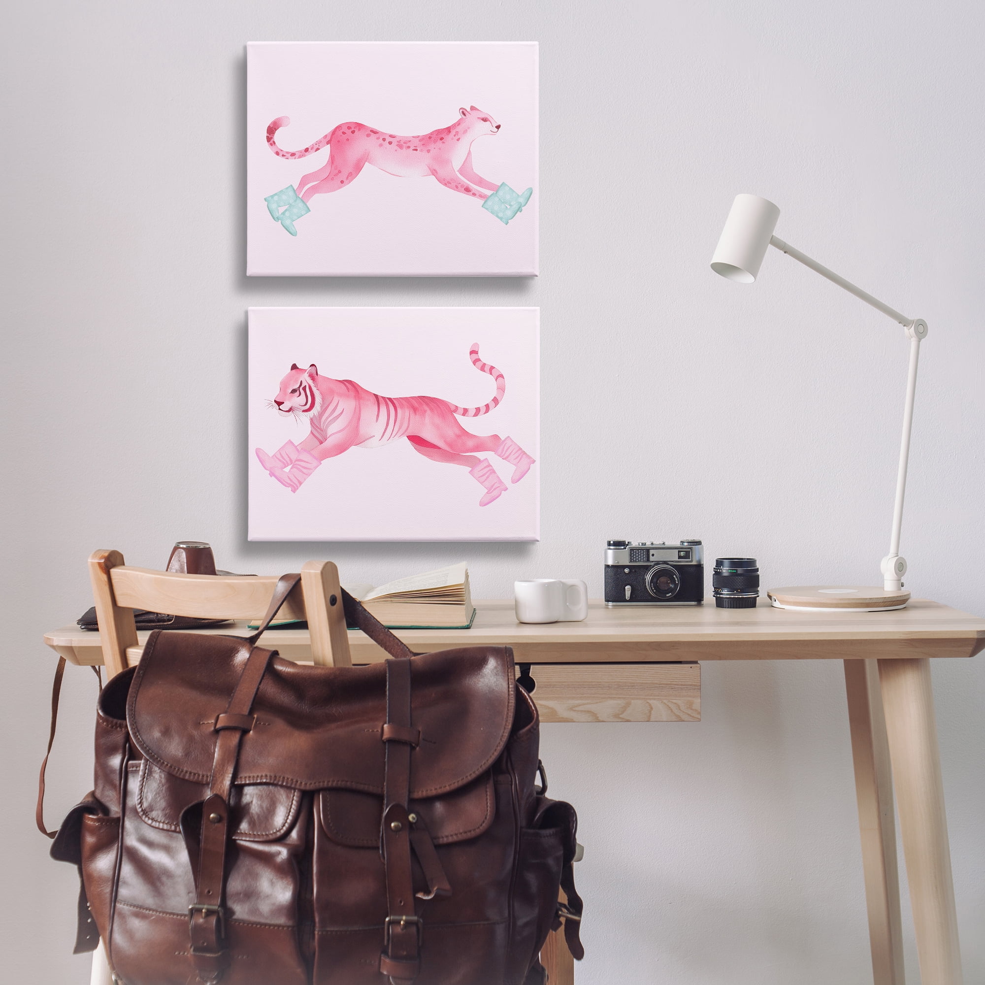 Stupell Industries Sprinting Jungle Animals in Boots Animals Painting Wrapped Canvas Art Print Wall Art, 20 x 16, Set of 2