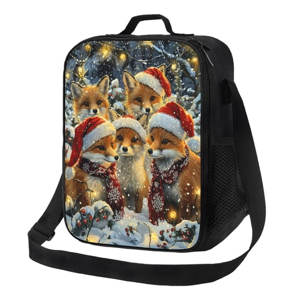 Christmas Fox Lunch Bag Reusable Lunch Box Insulated Tote Bag with Adjustable Shoulder Strap