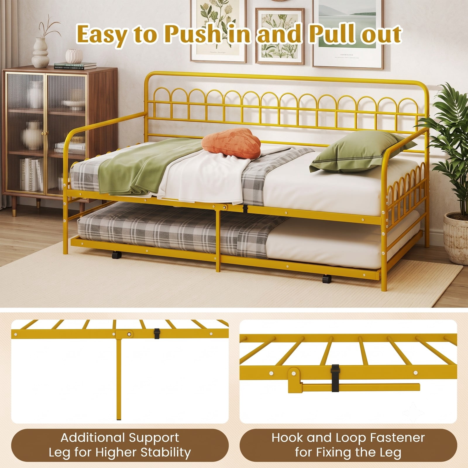 Furnibear Twin Metal Daybed with Pull-Out Trundle and Arched Rail Detailing on Lockable Casters for Bedroom and Guest Room, Gold