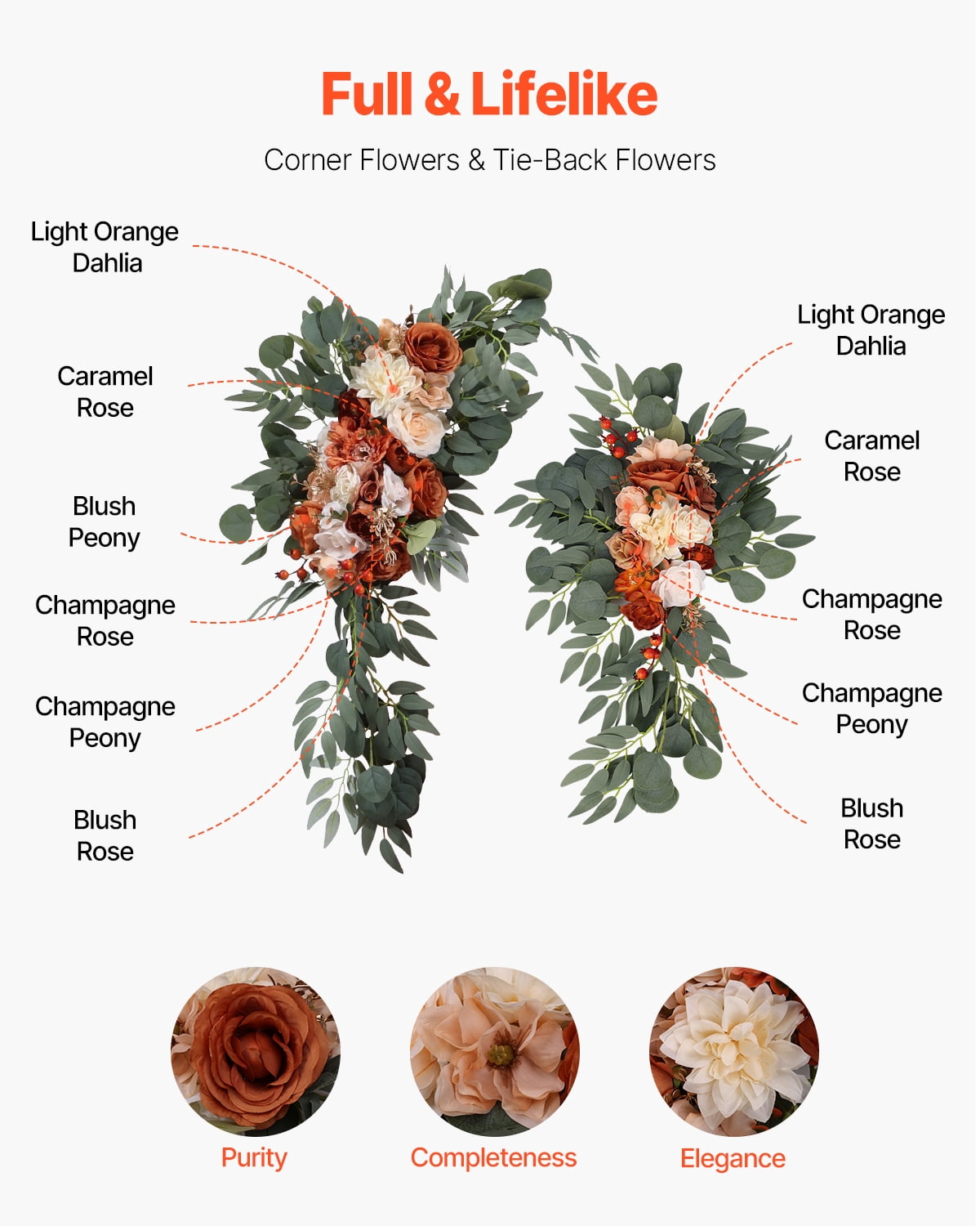 VEVOR Artificial Wedding Arch Flowers Kit, Orange Wedding Arch Flowers with Drapes Kit (Pack of 4) - 2 Pcs Floral Arrangement, 2 Pcs Sheer Drapes, for Ceremony Bouquets Reception Backdrop Decoration