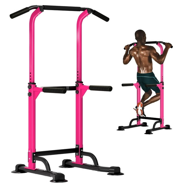 SOGES Height Adjustable Power Tower Dip Stands Pull up Bar Strength Training for Home Gym, Pink