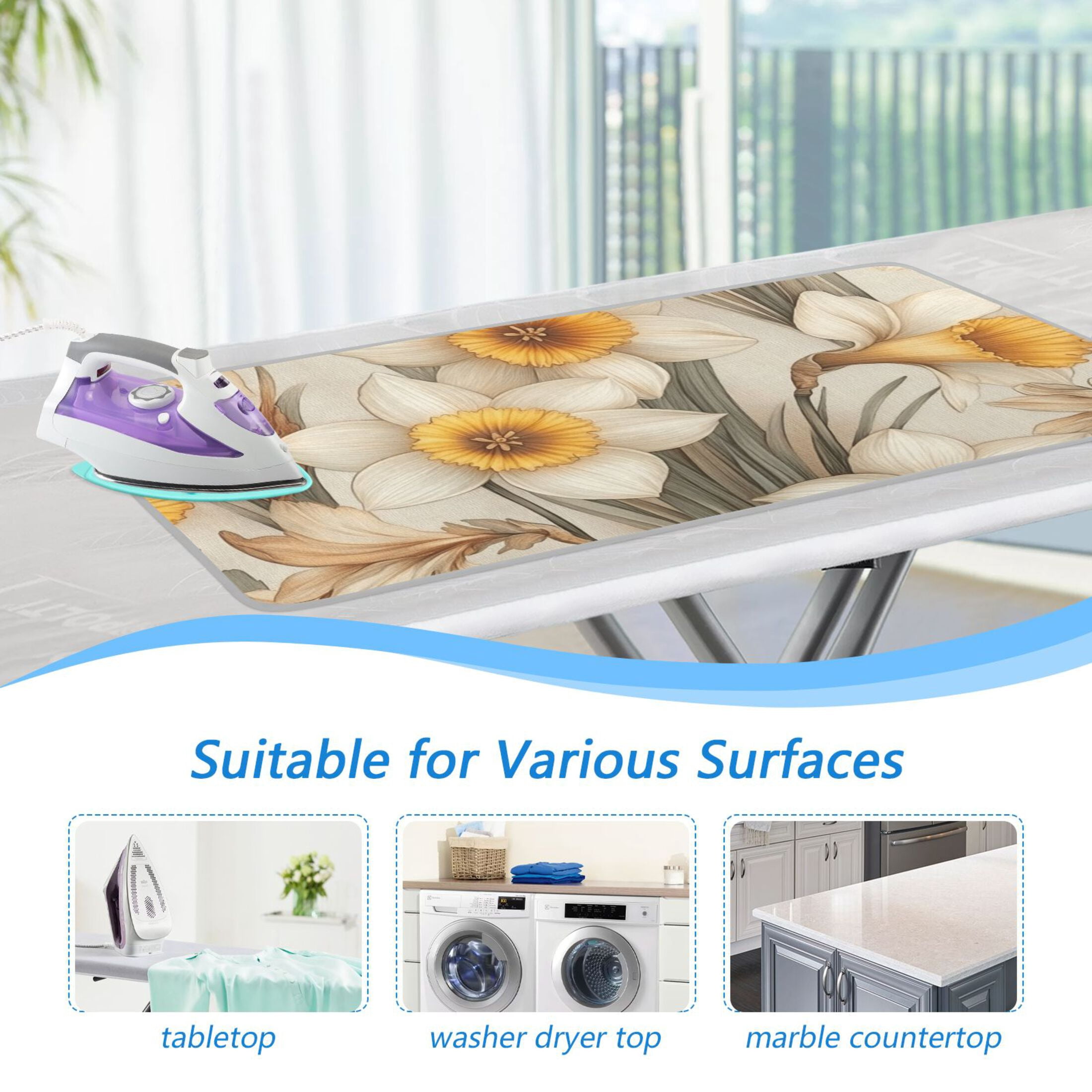 Beige Daffodils Art Ironing Mat Blanket for Table Top Travel Portable Ironing Board Pad 47.2x27.6 Inch