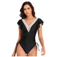 thumbnail image 3 of Huesdet Womens Scalloped Ribbed One Piece Swimsuits Retro Square Neck Modest Bathing Suits[Black,L], 3 of 9
