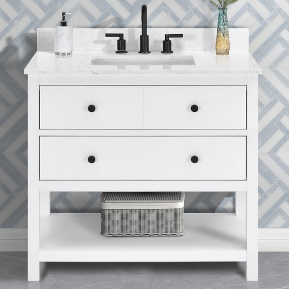 Encino 36" Single Bathroom Vanity. Carrara White Quartz Top with Sink & Backsplash. 37" W x 22" D x 34.5" H. Light Oak. MDF. Pre-Assembleb. 2 Soft-Closing Drawers. 1 Shelf. Adjustable Feet