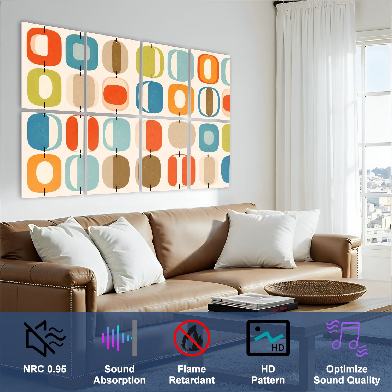 8 Pack Art Acoustic Panels Sound Absorbing mid century style Decorative Soundproof Wall Panels Self Adhesive for Nursery Game Room Bedroom 48"x32"