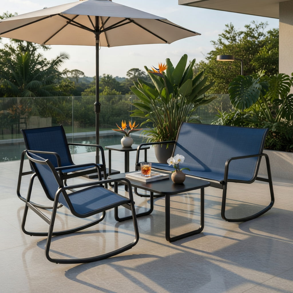 Hommoo 4-Piece Outdoor Rocking Patio Set with Tempered Glass Coffee Table, Metal Frame, Weather-Resistant Fabric, Adjustable Feet & Non-Slip Stability, Brown