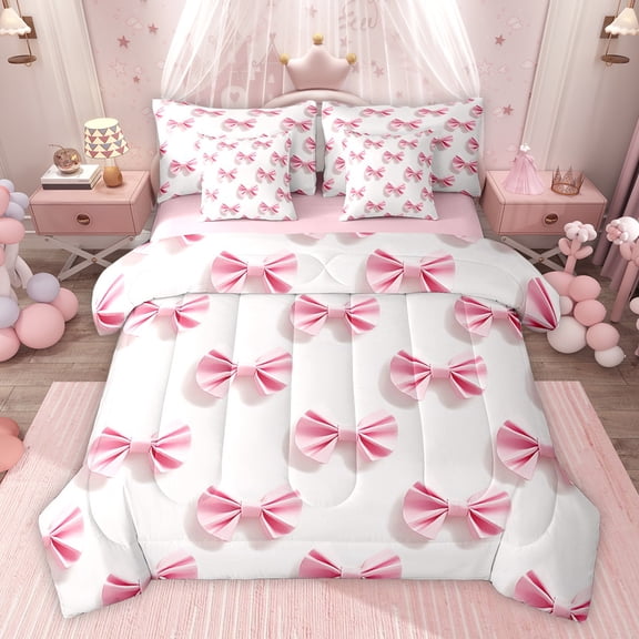 Feelyou Girly Pink Ribbon Bedding Comforter Set 7pcs for Kid, Dreamy Princess Bowknot King Bedding Sets, Cartoon Bow Theme Reversible Bed Sheets, Ultra Soft Bedroom Decor