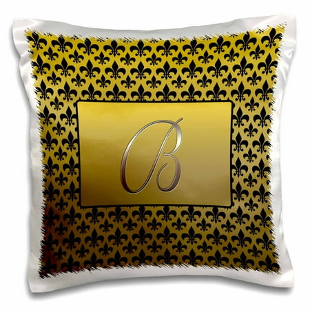 - 3dRose Elegant letter B embossed in gold frame over a black fleur-de-lis pattern on a gold background, Pillow Case, 16 by 16-inch