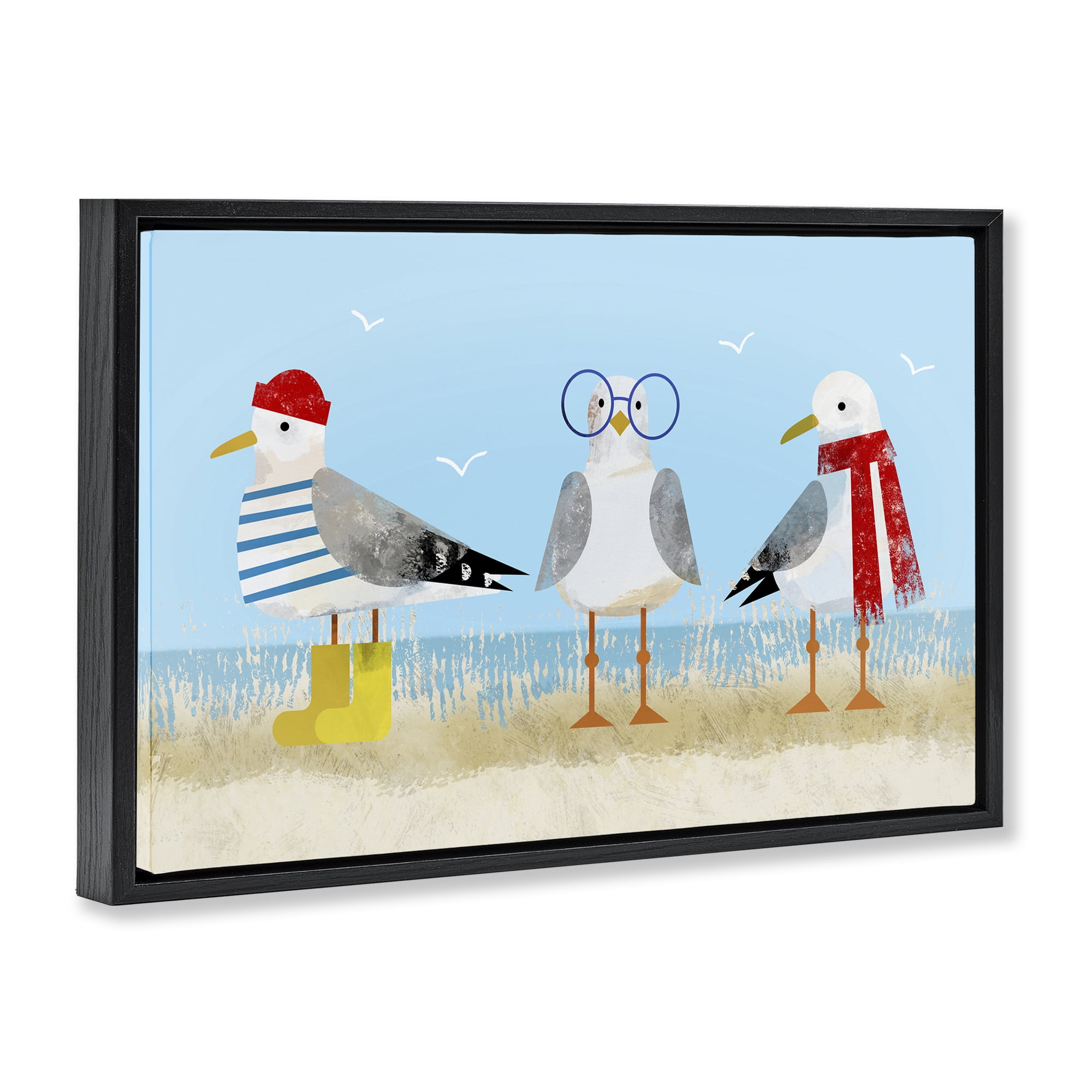 Stupell Industries Seagulls in Winter Clothes Animals Painting Black Floater Framed Canvas Art Print Wall Art, 25 x 17