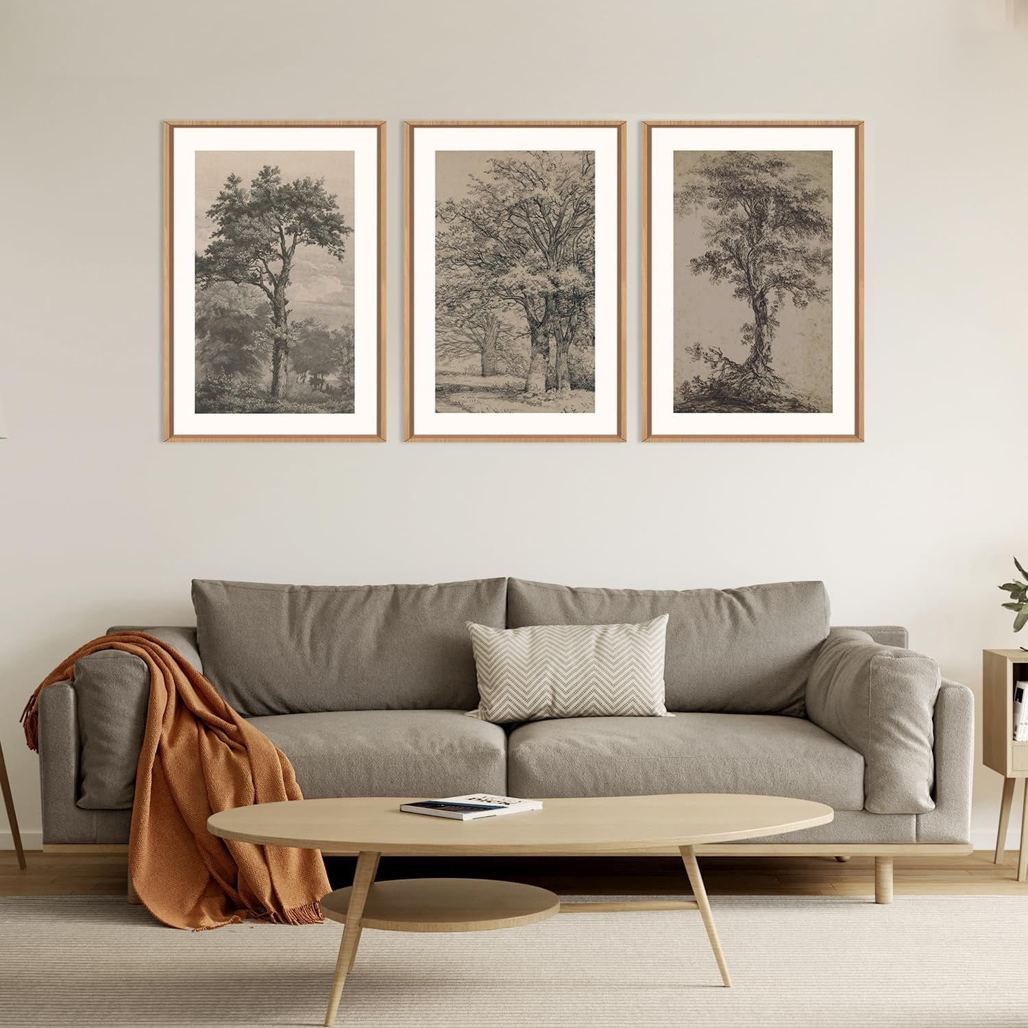 Vintage Tree Sketch Wall Art Set, Antique Tree Drawings Wall Decor, Nature Sketch Wall Painting, Framed Botanical Canvas Art Prints for Living Room, Bedroom, Dinning Room, Farmhouse - 16"x24"x3