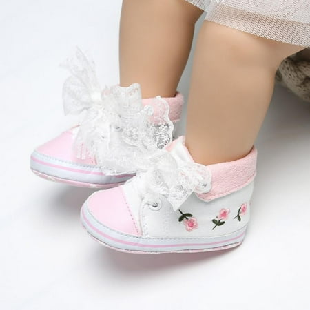 

Newborn Shoes Baby Girls Embroidered Flower First Walkers Lace-Up Soft Sole Walking Shoe