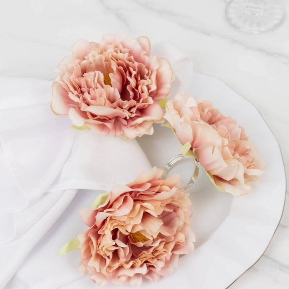 Balsa Circle 4 Pink Metal Napkin Rings with Artificial Silk Peony Flower Party Table Decorations Wedding Events Tableware Supplies