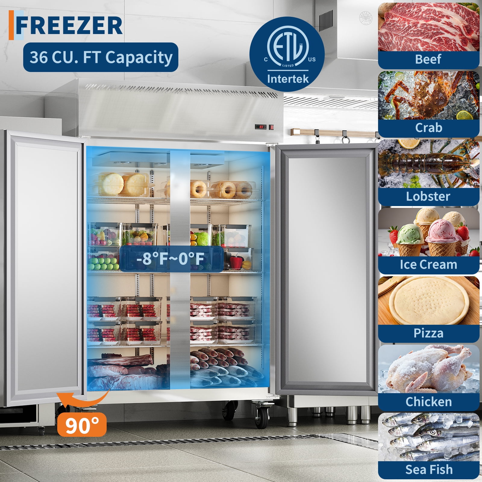 48" Commercial Beverage Refrigerator Freezer – 36 Cu Ft Upright, 2 Stable Doors, 6 Adjustable Shelves, Auto Defrost, -8°F~0°F, Stainless Steel – for Restaurant, Bar, Shop
