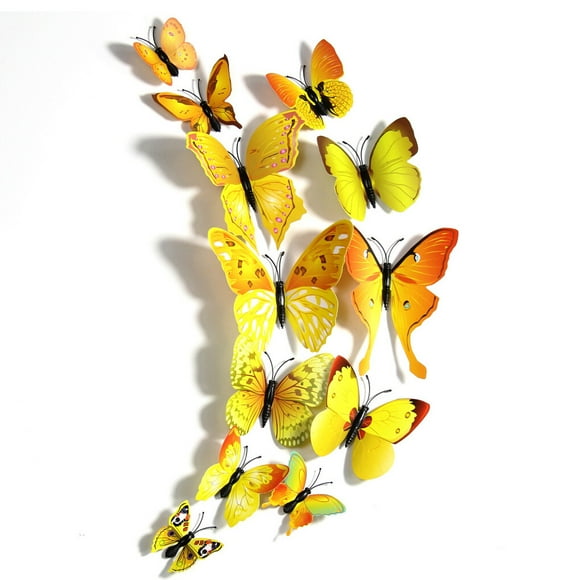 bedienty 12PCS/Set 3D Butterfly Wall Sticker Living Room Bedroom Adhesive 3D Wall Paper PVC Decal Home Decoration yellow 1Set