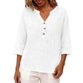 thumbnail image 5 of MVRLSH Womens Tops Shirts Blouse Casual 3/4 Sleeve V Neck Button Solid Plus Size Breathable Summer Top Loose Fit Linen Blouses White - XXXXL, 5 of 7