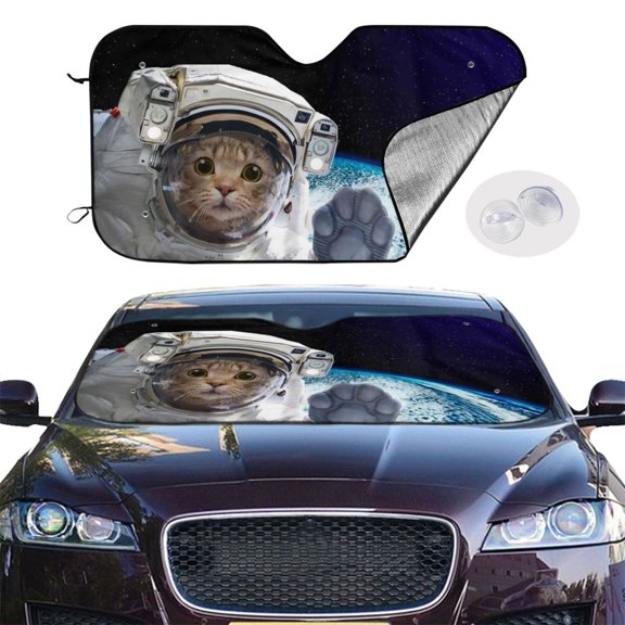 Picia Cat Astronaut Curved Windshield Sunshade Accordion Folding Style Auto Shade for Car Truck SUV Van Blocks UV Ray Sun Visor Protector -Small