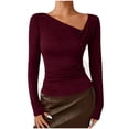 thumbnail image 6 of ClodeEU Women's Long Sleeve Asymmetrical Neck Ruched Shirts,Spring Fashion Casual Slim Fit Tee Wine,Womens Plus XXL, 6 of 6