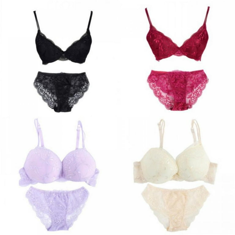 Sexy Women Push up Padded Bra Floral Embroidered Lace Briefs Bra Panties  Underwear Suit 