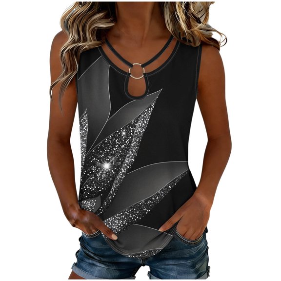 Hueook Floral Tank Tops for Women Padded Womens Print Tank V-Neck Casual Blouse Summer Sleeveless T-Shirt Tops Dark Gray 3X