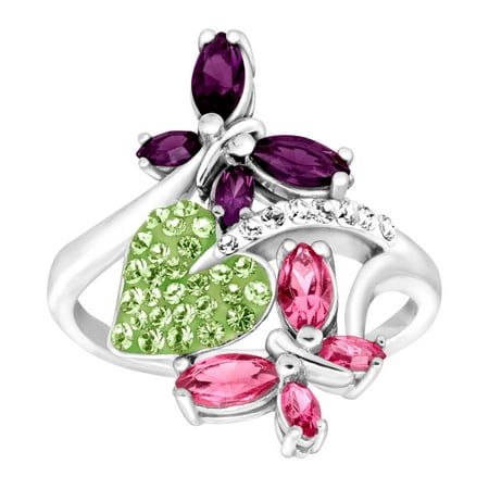 Crystal Silver Rings - Butterfly & Leaf Ring with Swarovski Crystals in Sterling Silver