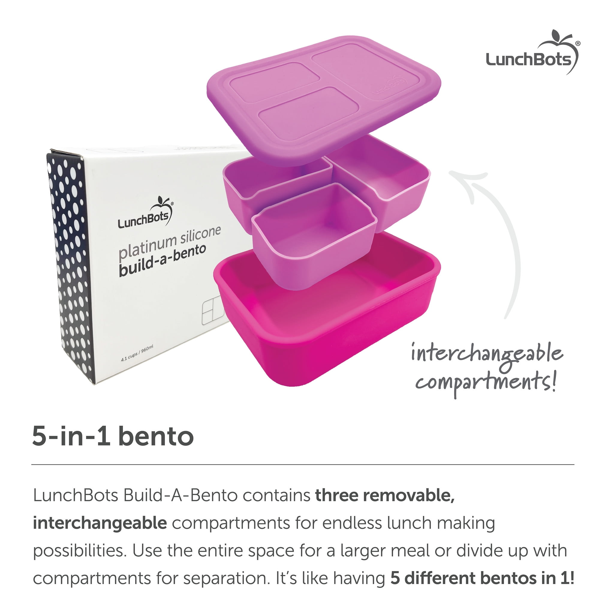LunchBots Build -a- Bento, Platinum Food Grade Silicone Bento Box, Leak Proof, BPA Free, Oven & Dishwasher safe 32 oz Capacity - Tie Dye Light Blue