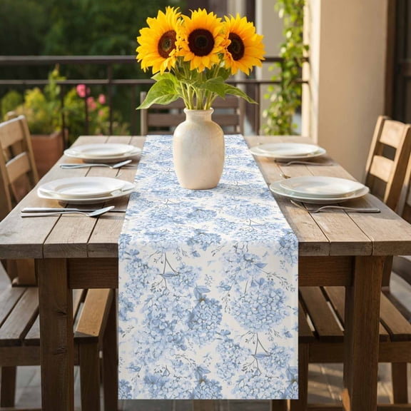 Blossoms Hydrangea Floral Table Runner-70 Inch Long Blue Flowers Table Runners Linen Burlap Tablerunner for Kitchen Dining Room Holiday Party