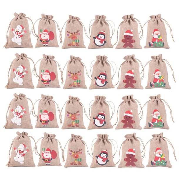 Conjunto de bolsas de calendario de adviento de Navidad, bolsa de arpillera con cordón de cuenta regresiva de dibujos animados bonitos para regalo, almacenamiento de dulces, adornos colgantes