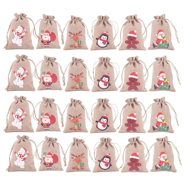 Conjunto de bolsas de calendario de adviento de Navidad, bolsa de arpillera con cordón de cuenta regresiva de dibujos animados bonitos para regalo, almacenamiento de dulces, adornos colgantes