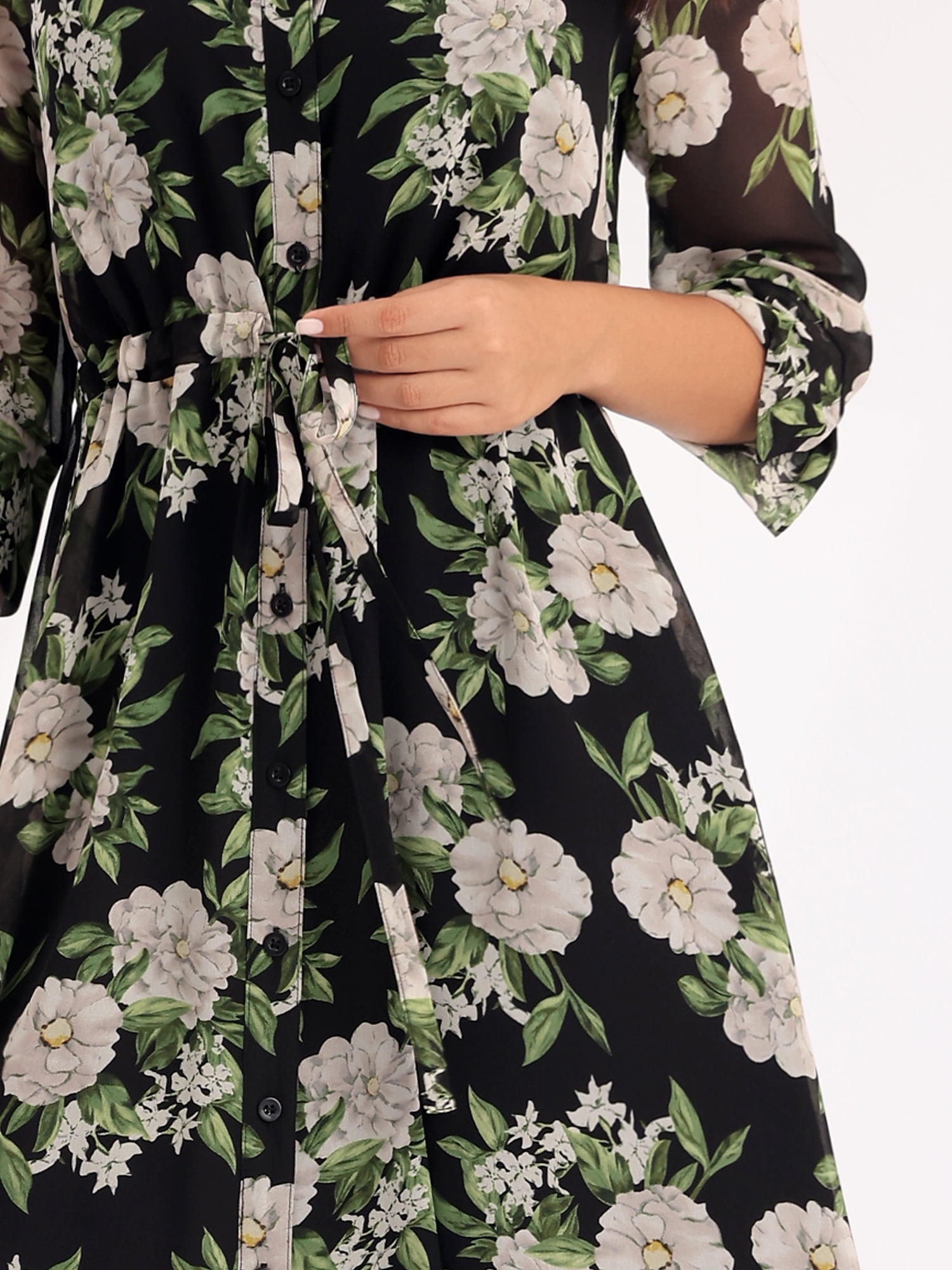 Unique Bargains Women's Floral Chiffon Half Sleeve Button Down Flare Dresses S Black