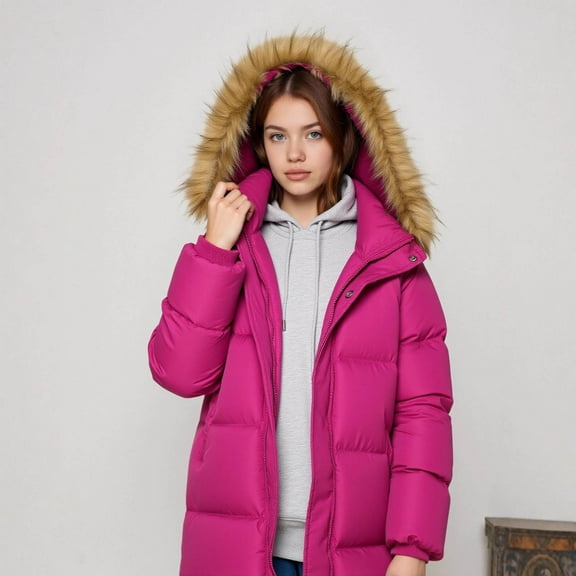 Cethrio Girls Puffer Jackets, Snow Windproof Mid-length Zip up Winter Coats Outerwear Hot Pink Size 7-8T