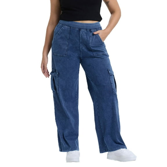 MELDVDIB Womens Jeans Cargo Pants Elastic Waisted Wide Leg Pants Solid Color Light Weight Lounge Trousers with Pockets Blue XL