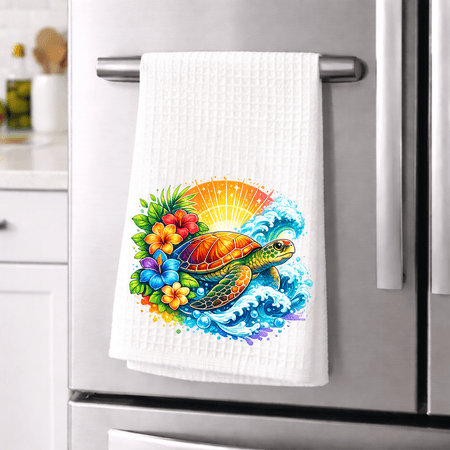 Versatility 500 Sea Turtle Sun & Waves Kitchen Towel 16x24 Waffle Weave Decor Dish Drying Cloth