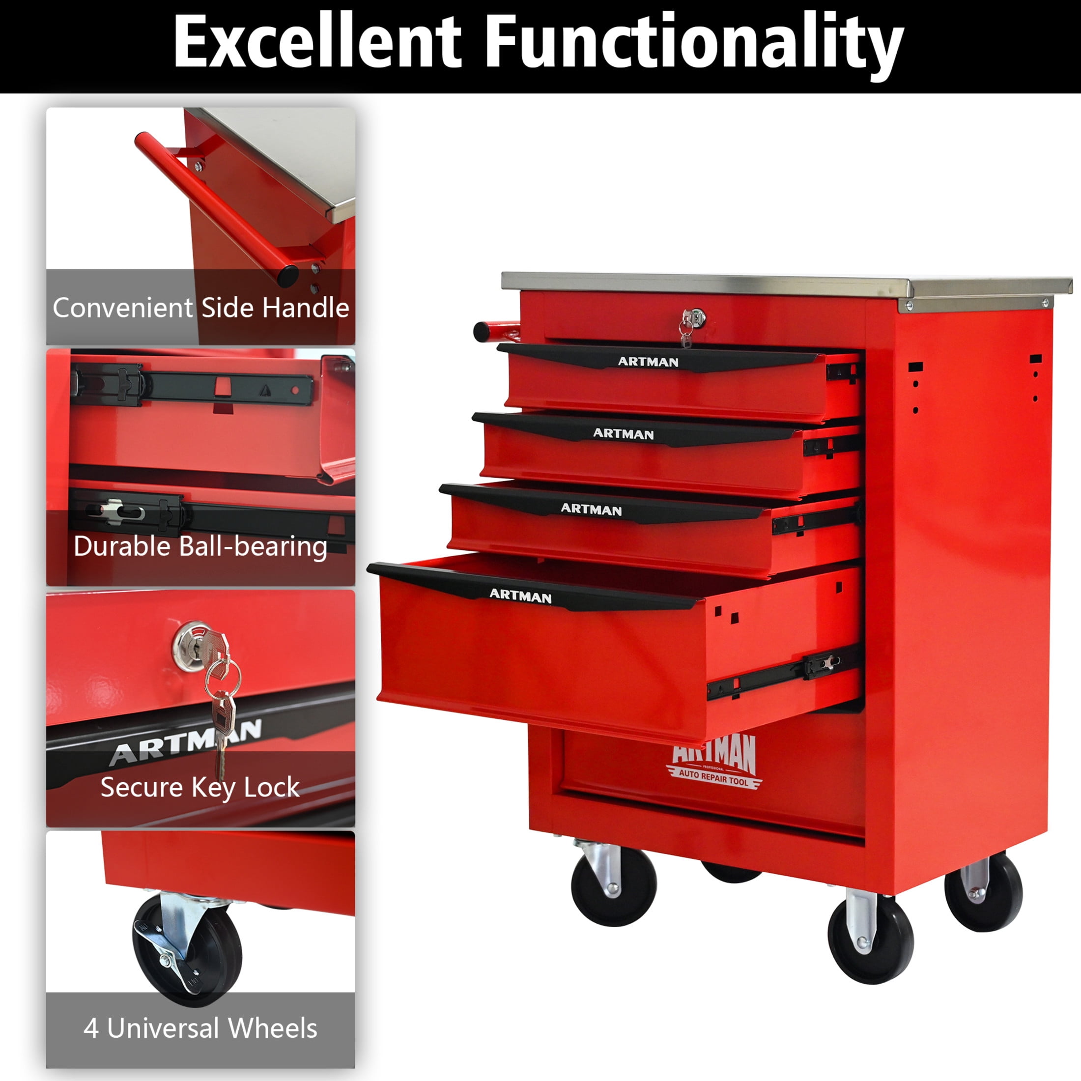 Noble House 5-Drawer Rolling Tool Organizer Cart, Steel Mobile Chest Storage with Worktop for Garage Workshop, Red
