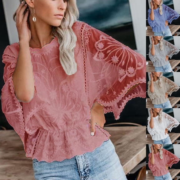 FRSASU Womens Tops Dressy Casual Lace Waist Cinched Chiffon Half Sleeve V Neck Loose Blouses Tops White