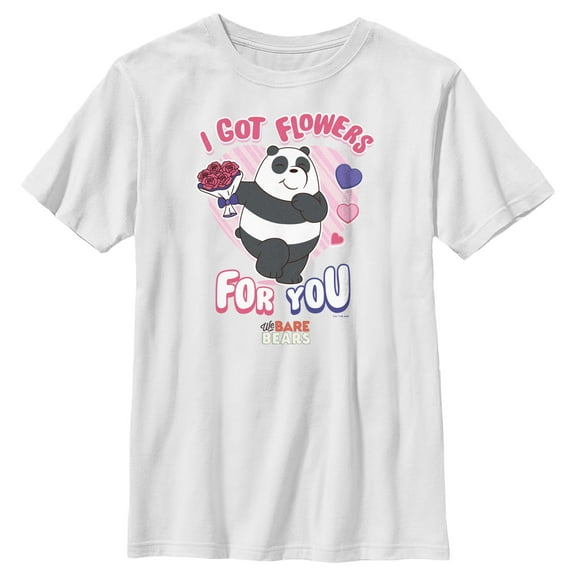 Boy's We Bare Bears Valentine's Day Panda I Got Flowers For You  Graphic Tee White Medium
